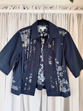 Coldwater Creek Navy Blue Gold Floral Short-Sleeve Open Front Jacket Size 14
